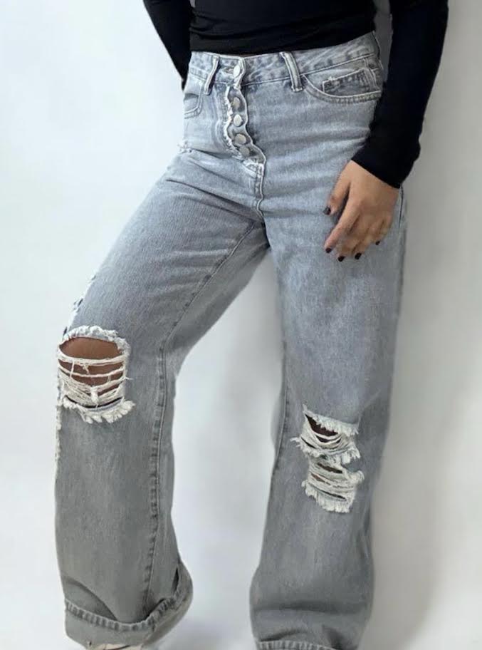 Straight Tube Mid Waist Ripped Jeans